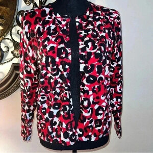 August Silk Heritage Women’s Red Black Animal Print Cardigan Sweater Size Large